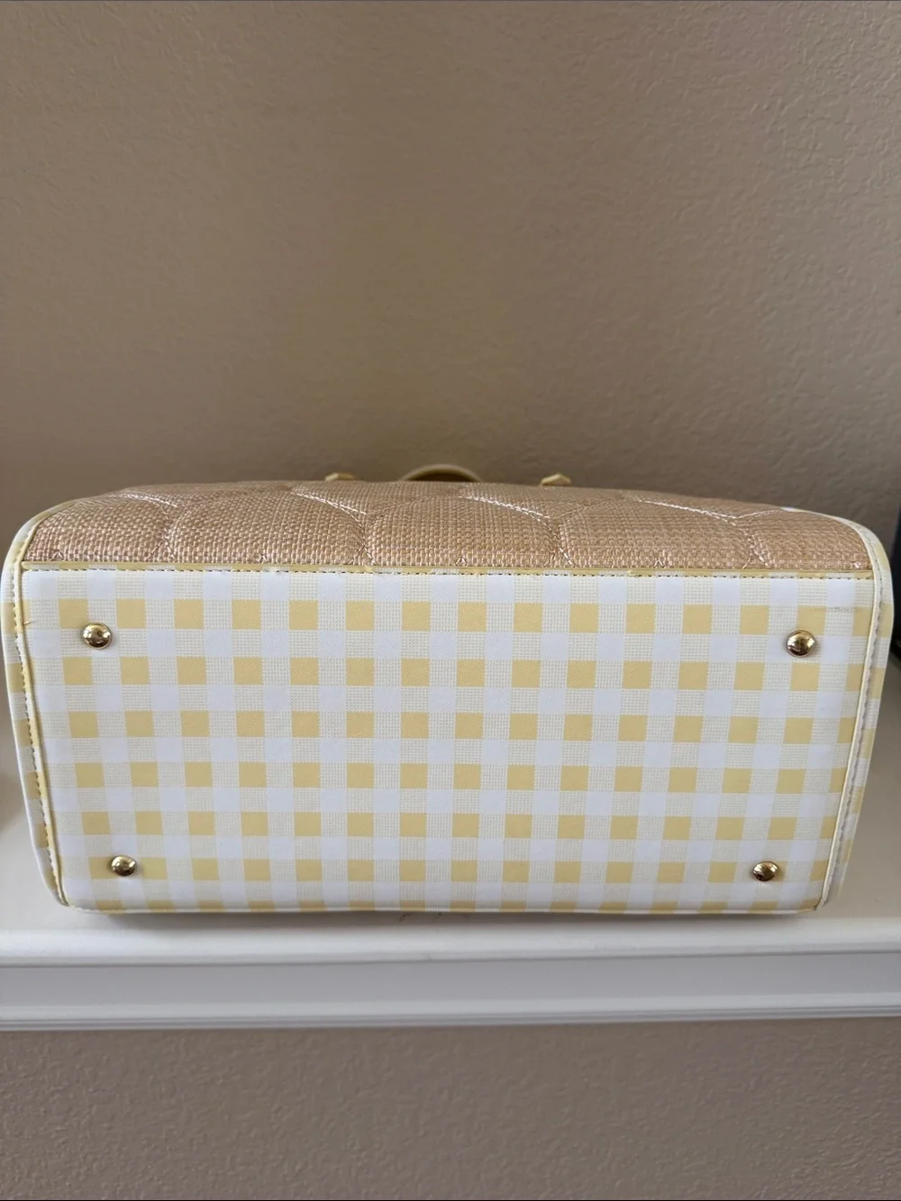 Betsy Johnson Yellow Check & Straw Tote Bag with Blue Lemon Scarf